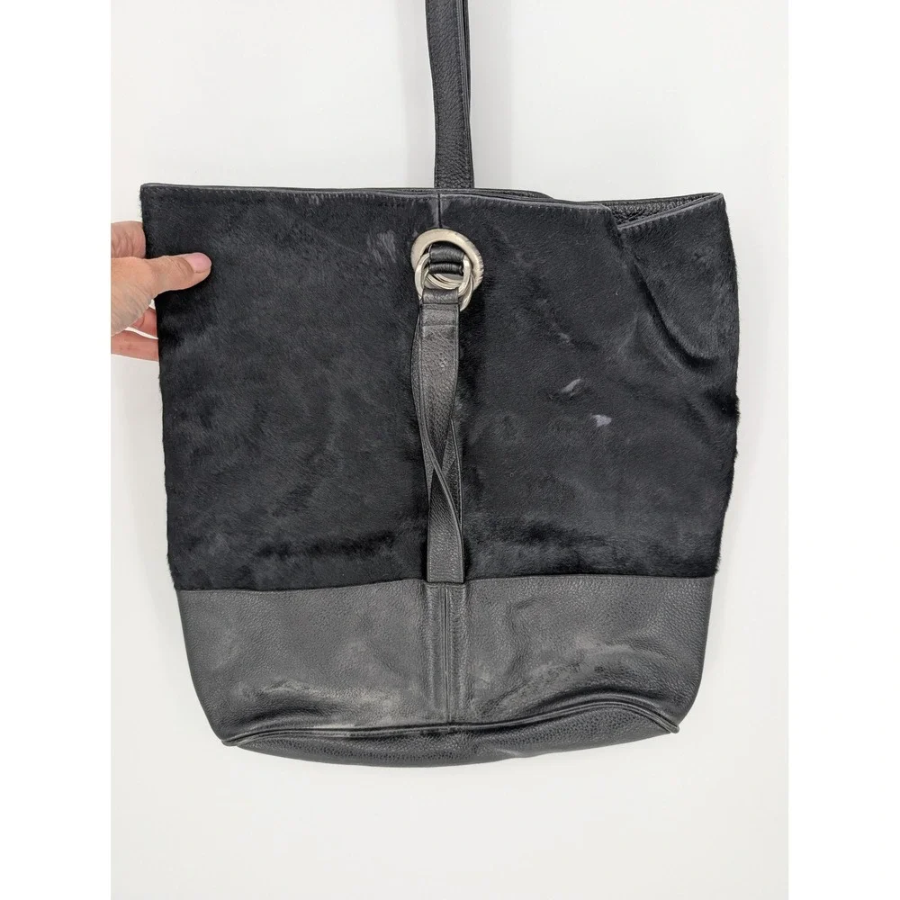 Tote Le Monde Backpack Shoulder Bag Black Leather Calf Hair Lagenlook Boho Chic